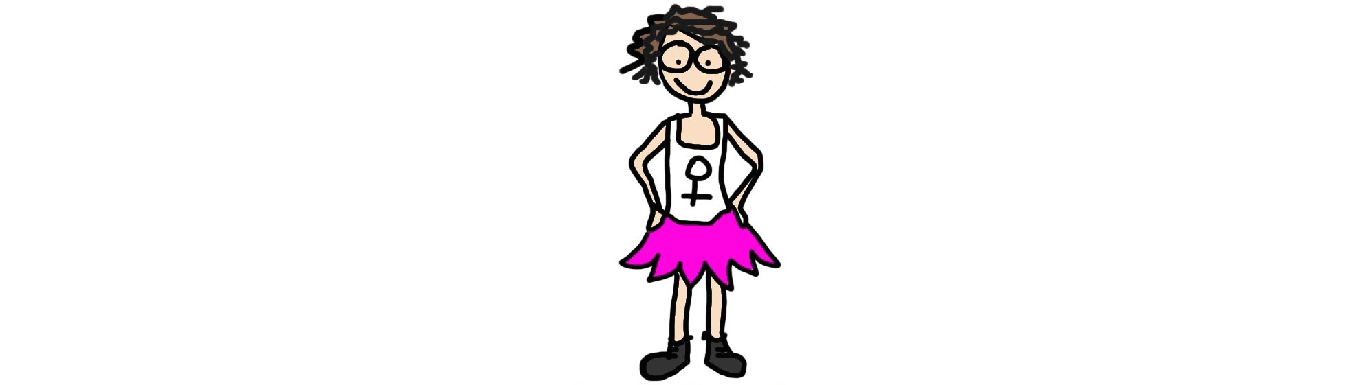 a light-skinned, curly-haired feminine person, wearing glasses, a pink skirt, dark boots, and a white tank top with a female symbol on it