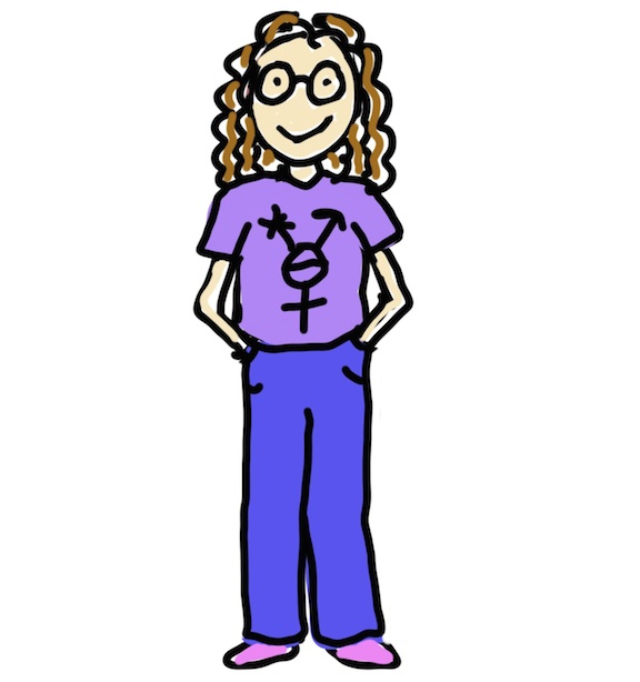 a light-skinned, curly-haired non-binary femme person, wearing glasses, a lavender shirt with a multi-gender symbol on it, blue pants, and pink shoes.