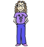 a light-skinned, curly-haired non-binary femme person, wearing glasses, a lavender shirt with a multi-gender symbol on it, blue pants, and pink shoes.