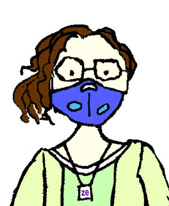 A head-and-chest drawing of a pale-skinned person with asymmetrically cut dark curly hair, wearing pale-green clothes, glasses, a blue mask, and a pronoun necklace that says "ze".